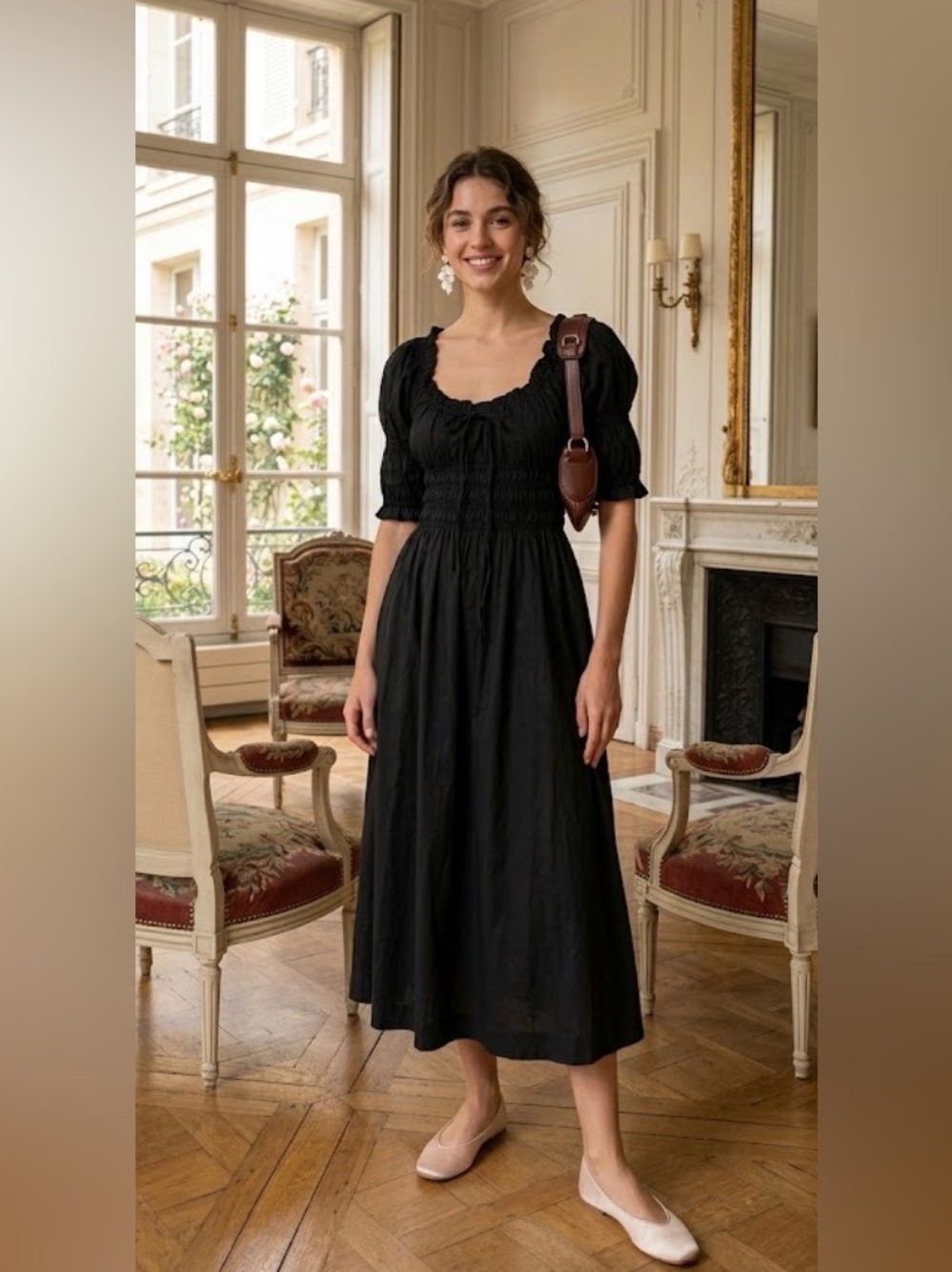 Doen black Ischia short sleeve shirred organic cotton dress